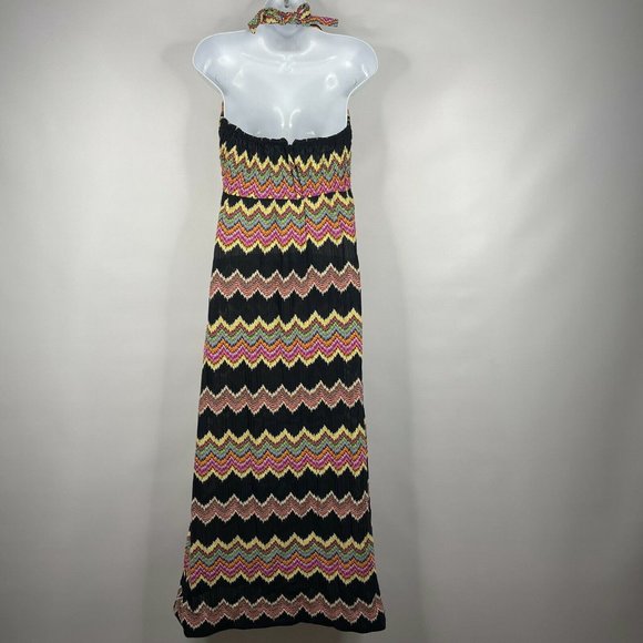 Vintage 70s Leslie J Maxi Halter Dress Size S Black Rainbow Knit Flame Stitch - Picture 5 of 9